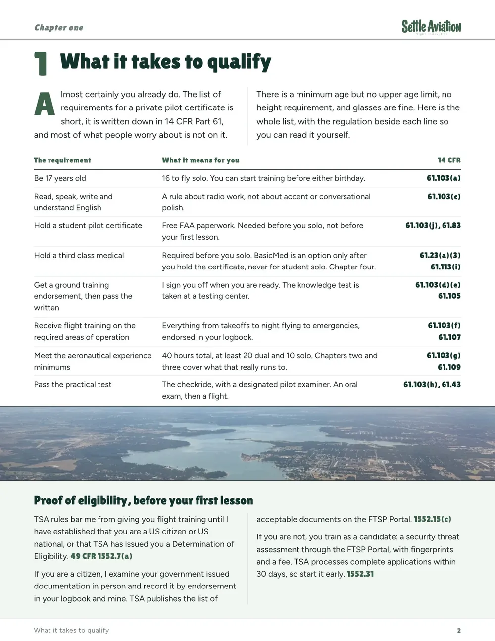 A page from the booklet, what it takes to qualify, listing the private pilot requirements beside the regulation each one comes from