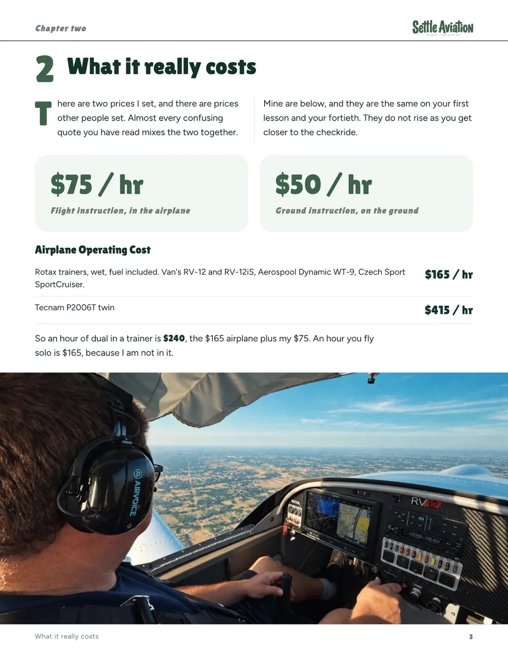A page from the booklet, what it really costs, with the instruction and airplane rates set out line by line