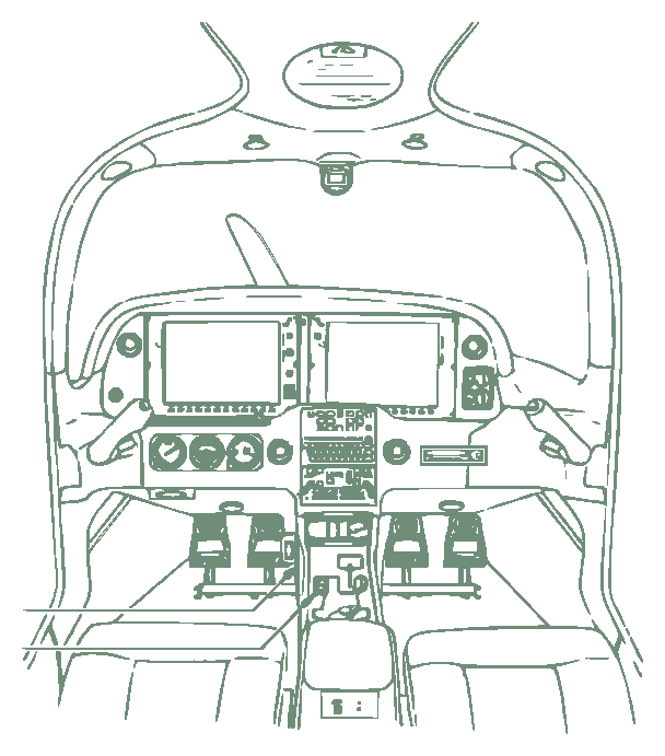 Hand drawn line illustration of an airplane instrument panel and control yoke