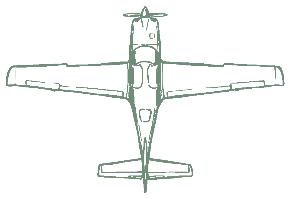 Hand drawn line illustration of a single engine airplane seen from above
