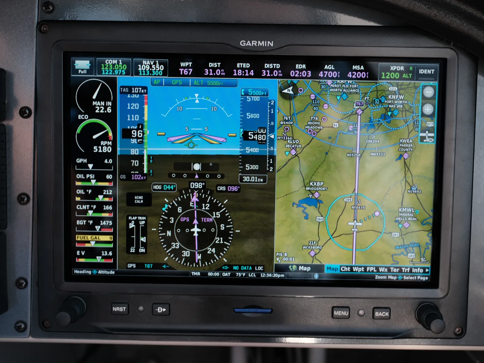 Close-up of the Garmin G3X Touch display in N903S showing attitude, heading and a moving map
