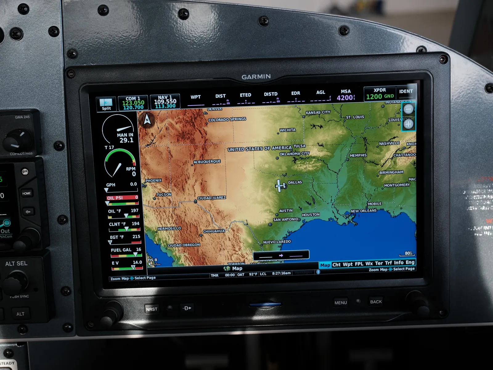 Garmin G3X Touch in N903S showing a terrain map of Texas
