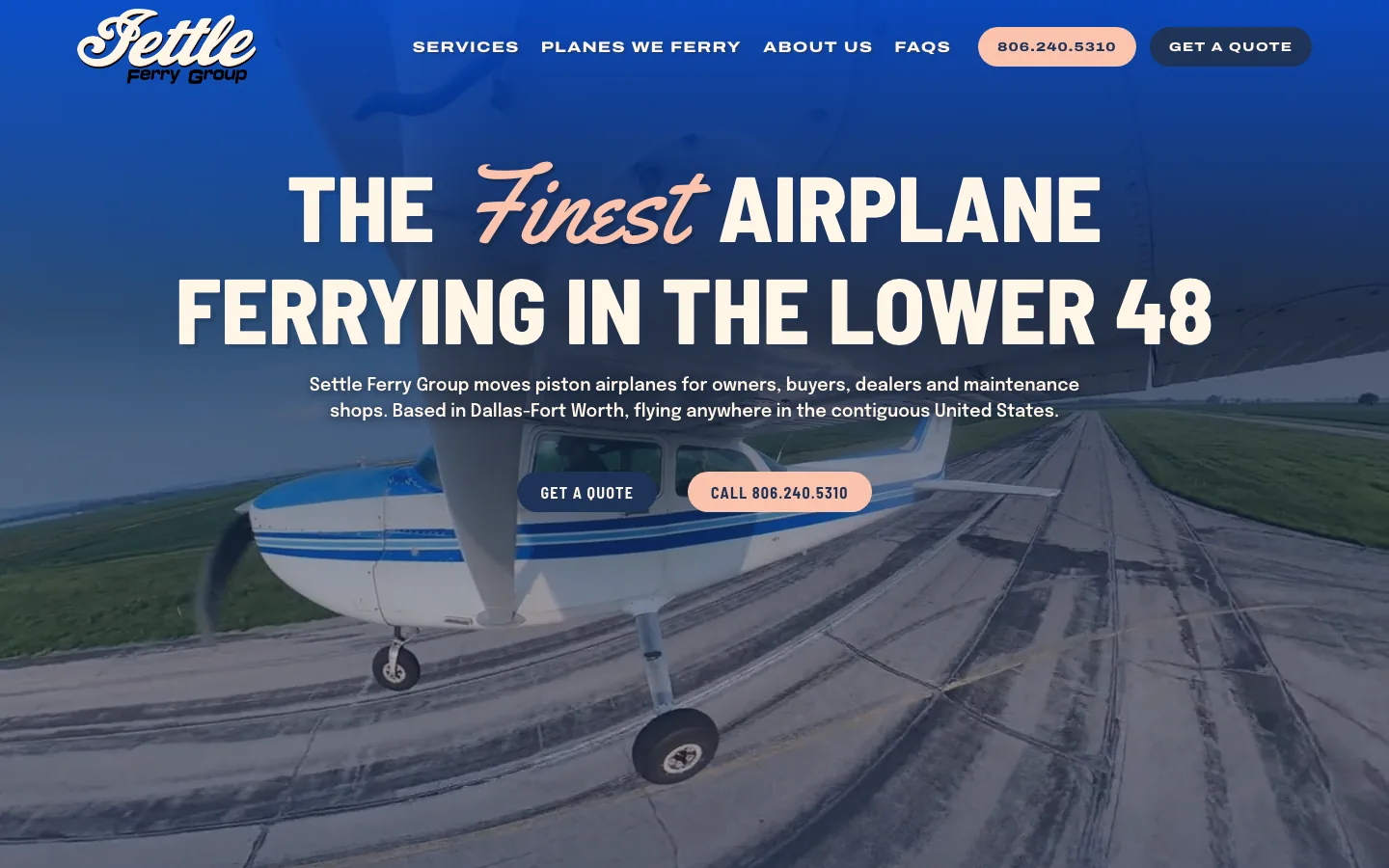 The Settle Ferry Group homepage, showing a Cessna on a runway under the headline The finest airplane ferrying in the lower 48